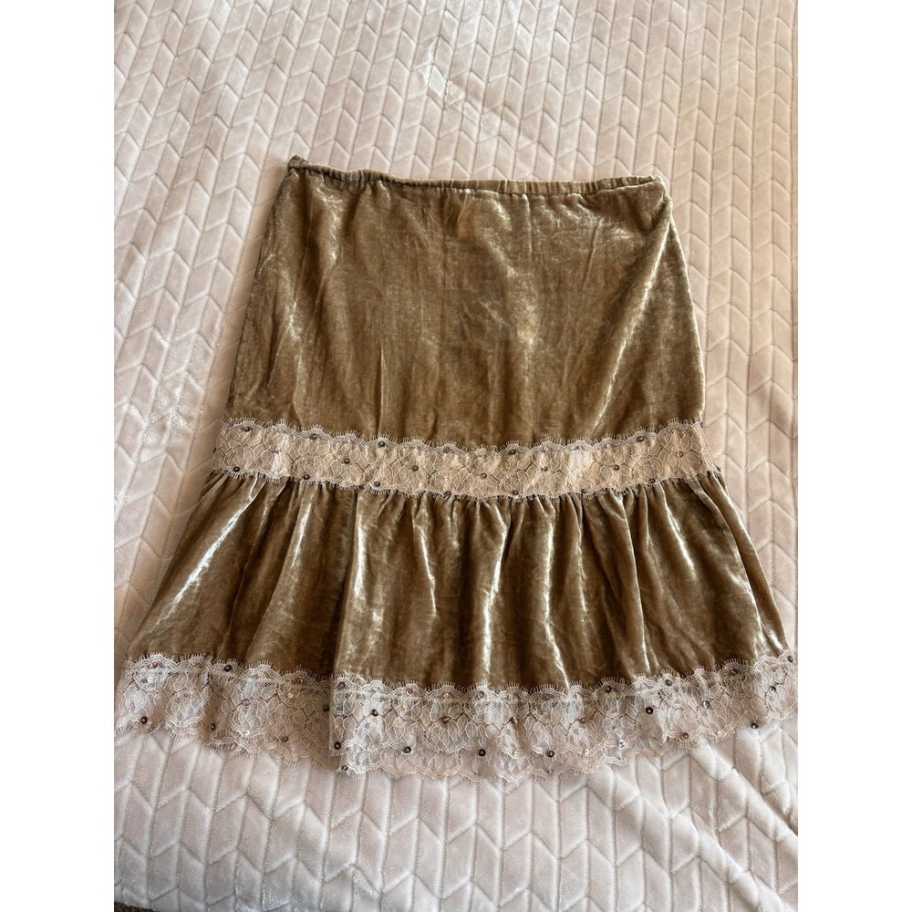 Y2K Gold Velvet Tiered Skirt Eyelash Lace Sequin Detail Whimsigoth Boho Large